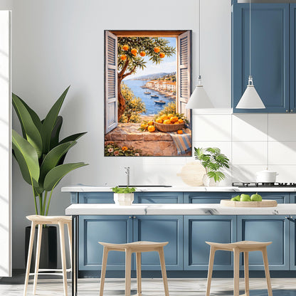 A vertical painterly illustration looking through a stone window with light blue shutters. A woven basket of oranges and a striped blue cloth sit on the ledge. Outside, an orange tree frames a view of a blue sea with boats and a sun-drenched coastal town.