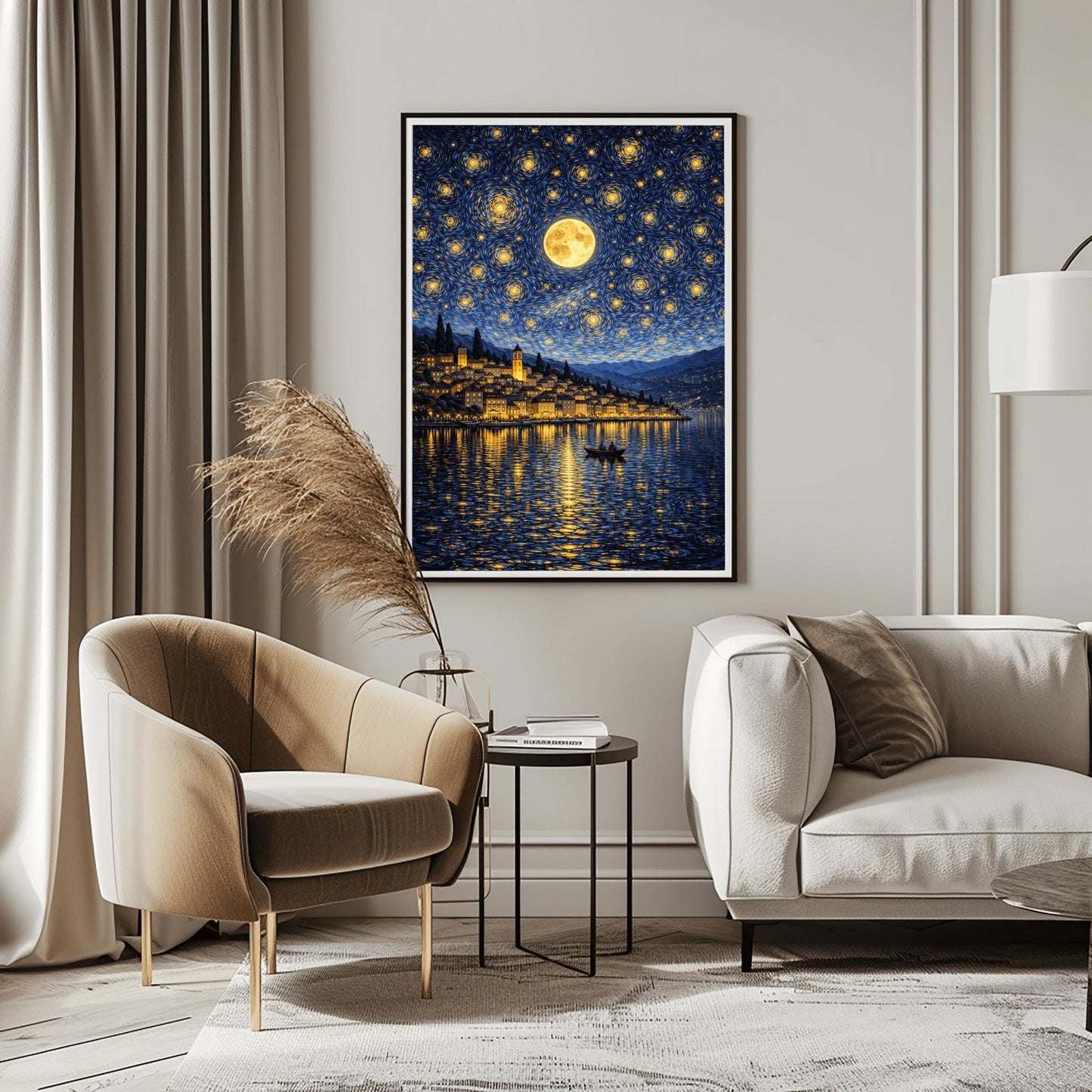 A vertical digital illustration of a coastal town at night in an impressionist style. A large full moon and many swirling yellow stars fill a deep blue sky. The golden lights of the hillside buildings reflect in the water below. A small rowboat with two people is in the foreground.