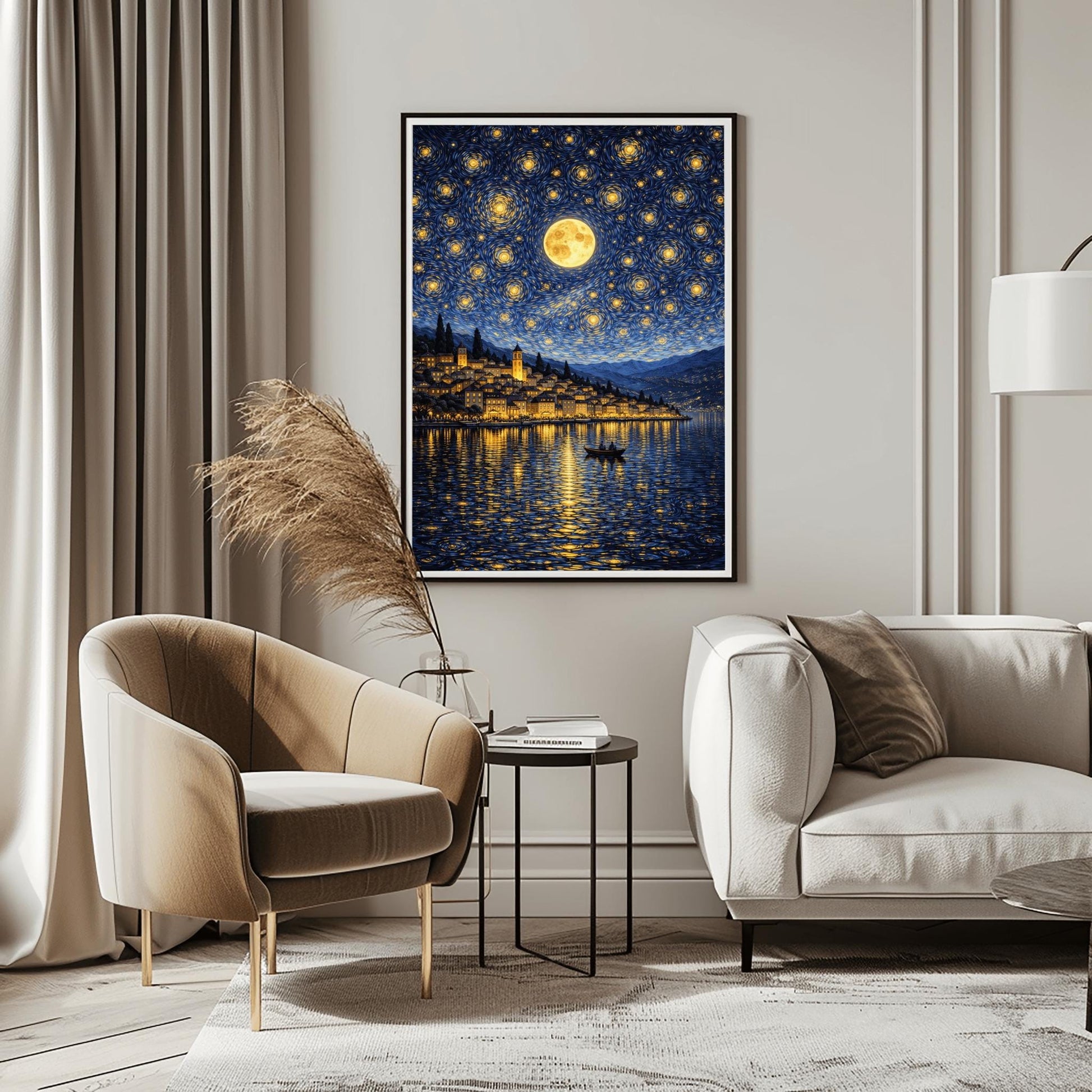 A vertical digital illustration of a coastal town at night in an impressionist style. A large full moon and many swirling yellow stars fill a deep blue sky. The golden lights of the hillside buildings reflect in the water below. A small rowboat with two people is in the foreground.