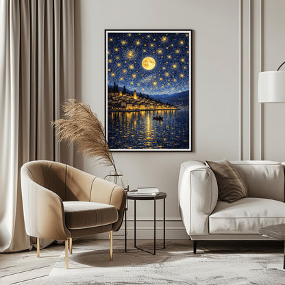 A vertical digital illustration of a coastal town at night in an impressionist style. A large full moon and many swirling yellow stars fill a deep blue sky. The golden lights of the hillside buildings reflect in the water below. A small rowboat with two people is in the foreground.
