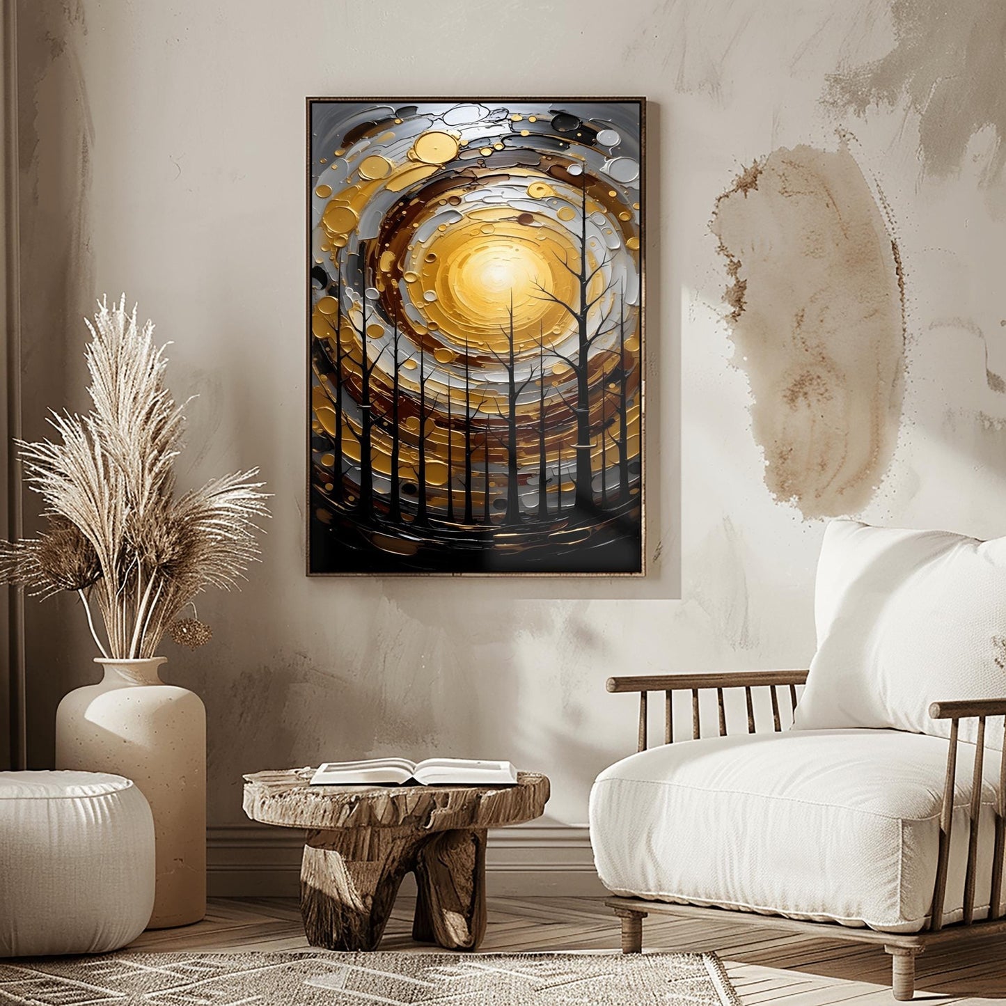 A vertical abstract painting in the style of Gustav Klimt. A group of black, silhouetted tree trunks stand in the foreground against a massive, swirling sun composed of concentric rings of gold, silver, and cream. The background is a dark, moody grey. The style features heavy, thick paint textures and metallic-looking circular accents scattered throughout.