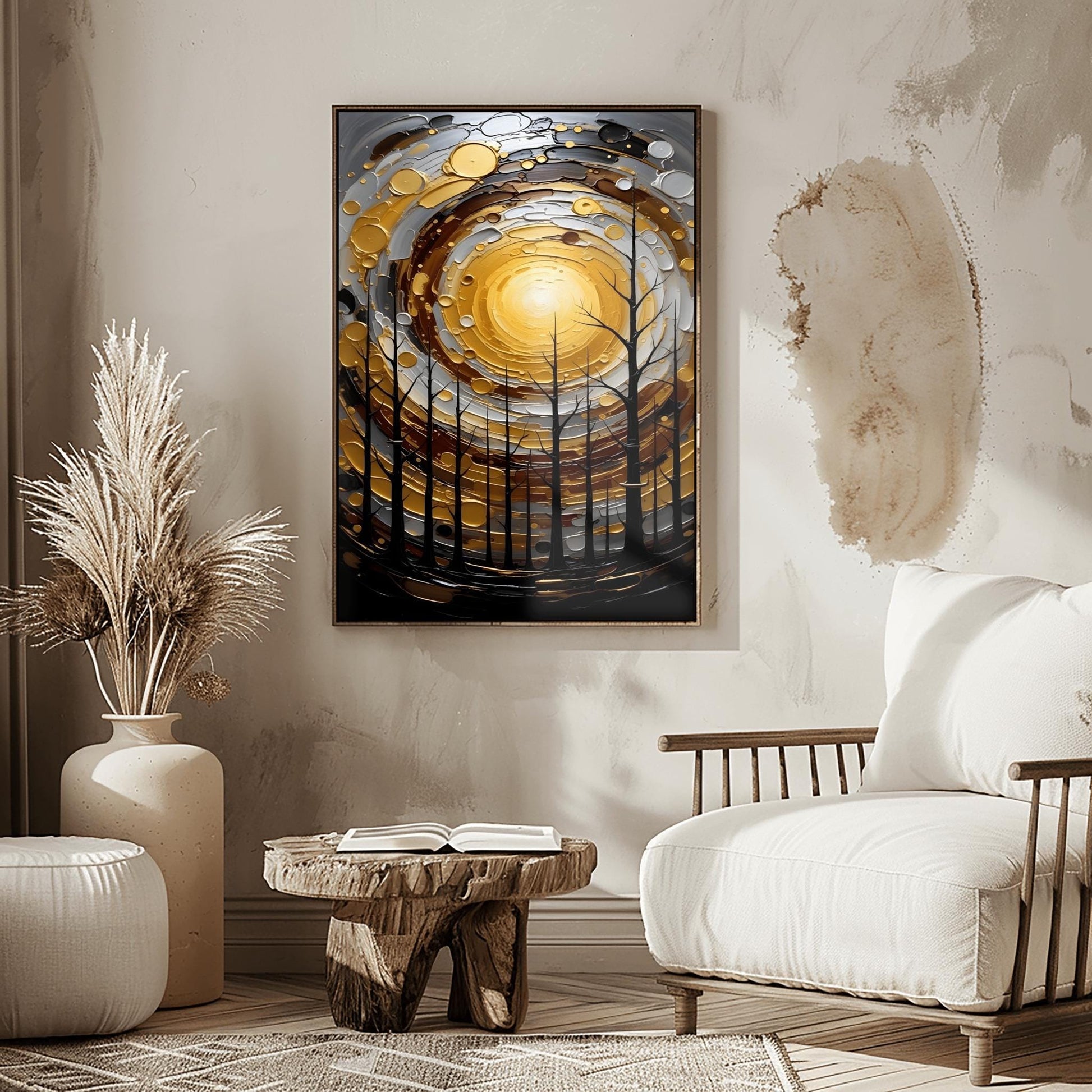 A vertical abstract painting in the style of Gustav Klimt. A group of black, silhouetted tree trunks stand in the foreground against a massive, swirling sun composed of concentric rings of gold, silver, and cream. The background is a dark, moody grey. The style features heavy, thick paint textures and metallic-looking circular accents scattered throughout.