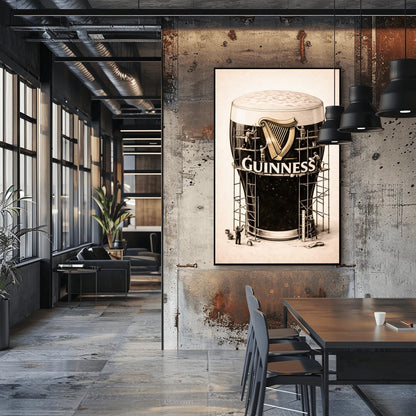 A vertical charcoal illustration of a large pint of Guinness. The glass is surrounded by a complex wooden scaffolding structure. Tiny worker silhouettes are on the scaffolding, polishing a large golden harp and the white Guinness logo on the front of the glass. The background is a light cream color.