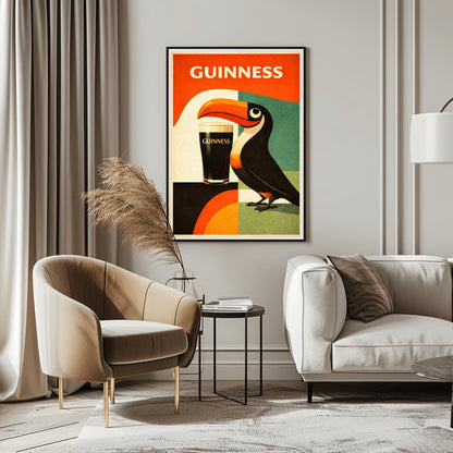 A vertical minimalist poster for Guinness in a mid-century modern style. A stylized, geometric toucan stands next to a pint of beer. The background is made of large blocks of orange, teal, and black. Bold white text at the top reads "GUINNESS."
