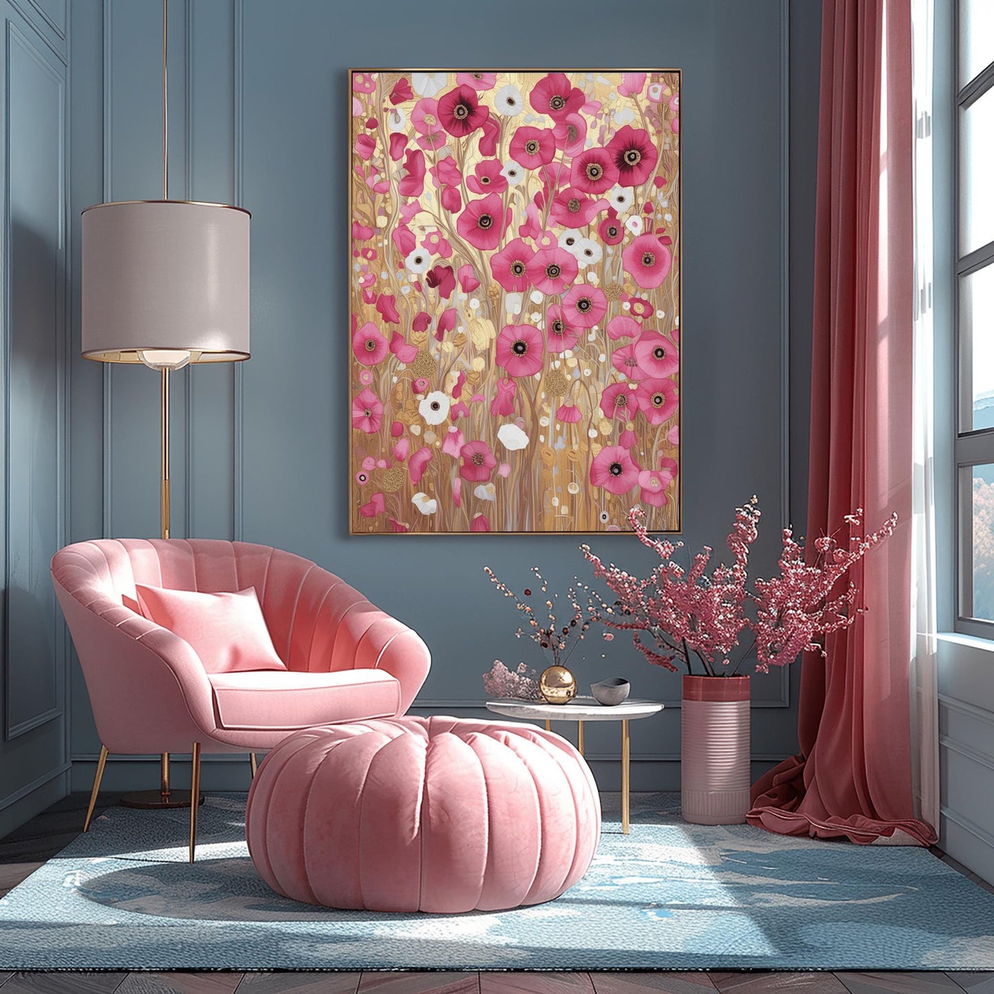 A vertical fine art print in the style of Gustav Klimt. A dense field of vibrant pink and soft white poppies grows against a shimmering, ornate gold leaf background. The scene is filled with golden spirals, geometric patterns, and delicate stems, creating a rich, mosaic-like floral tapestry.