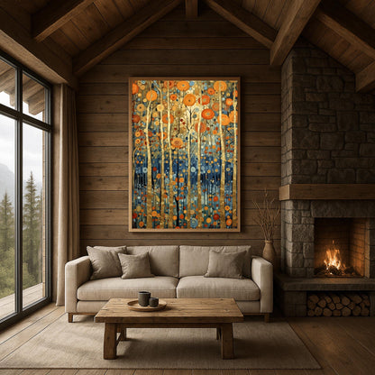 A vertical fine art print in the style of Gustav Klimt. Several slender tree trunks made of solid gold leaf stand vertically against a background of floating, concentric circular patterns in orange, gold, and blue. The bottom of the forest is a deep indigo blue filled with small mosaic dots.