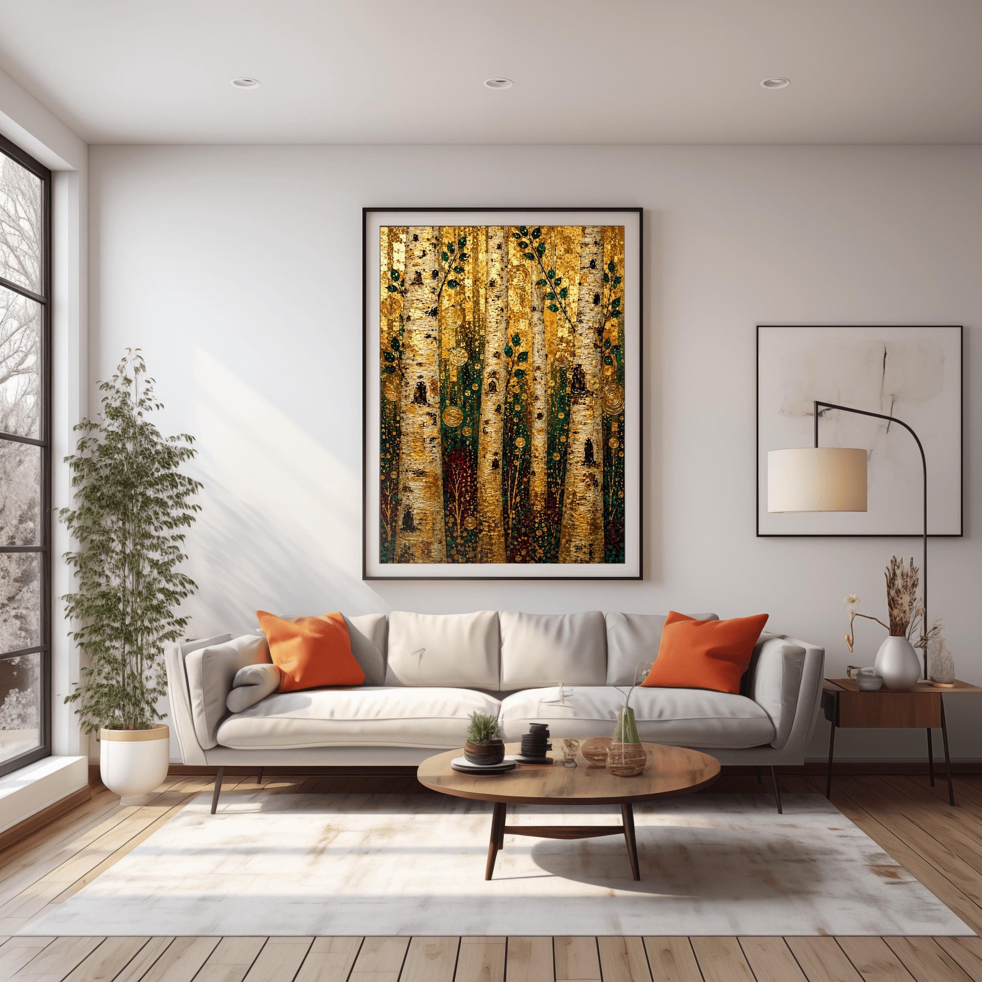 A vertical fine art print in the style of Gustav Klimt featuring a dense forest of birch trees. The thick, textured tree trunks are detailed in white, black, and gold. Slender branches with dark green leaves grow upward. The background is filled with a shimmering, mosaic-like texture of gold leaf patterns, dotted with decorative gold concentric circles, spirals, and dark red and teal shapes mimicking a forest floor.