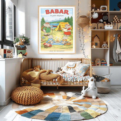 A vertical children's illustration poster titled "BABAR le petit éléphant" at the top in red. It features an elephant family camping by a lake. A large elephant (Babar) in a green shirt stands to the left with a backpack and walking stick. Another large elephant (Celeste) in a red polka-dot dress looks at a map near a yellow tent. Two small elephants sit in the foreground roasting marshmallows over a campfire. The background shows a lake with a red canoe and snow-capped mountains.