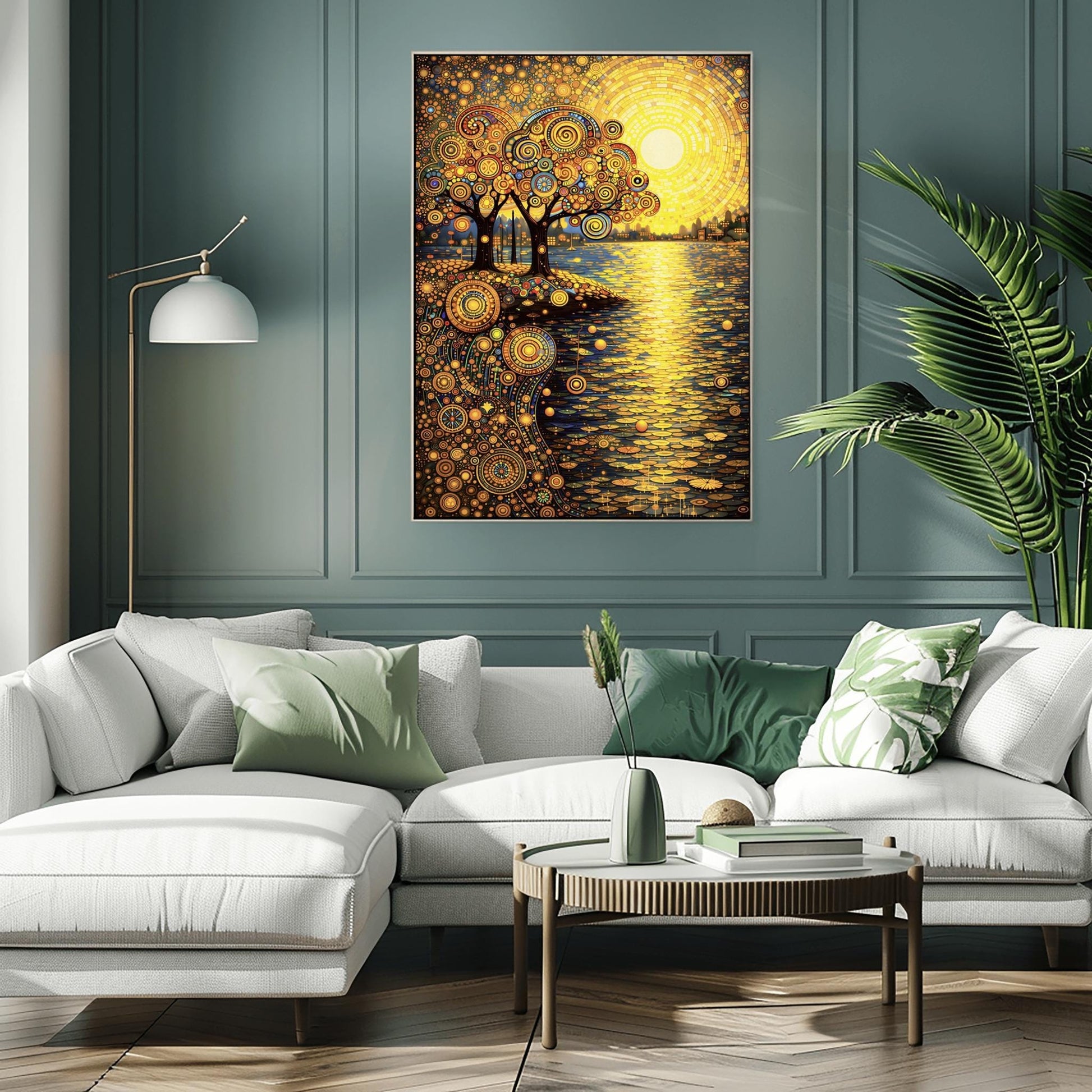 A vertical museum exhibition poster in the style of Gustav Klimt. A large, radiant yellow mosaic sun rises over a lake. On the left shore, two trees with ornate spiral-patterned leaves stand. The ground and sky are filled with dense golden mosaic circles and patterns. Bold black text at the bottom reads "GUSTAV KLIMT" and "AUSTRIA."