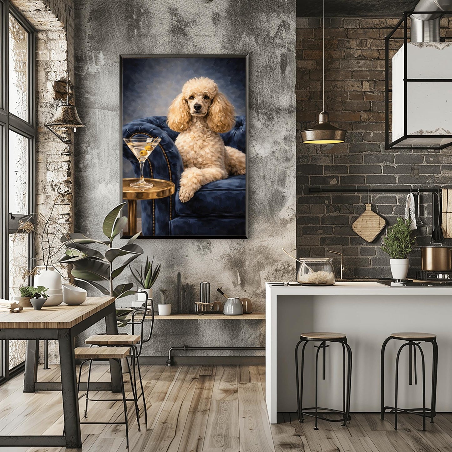A vertical oil-style painting of a well-groomed white poodle sitting regally on a plush, dark blue velvet tufted armchair. To the left, a glass martini with two green olives on a toothpick sits on a round gold side table. The poodle has a calm, sophisticated expression. The background is a moody, dark grey-blue with visible painterly textures.