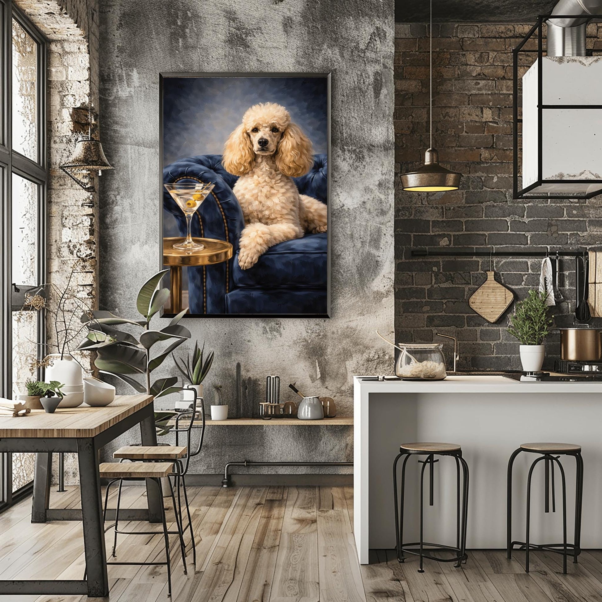 A vertical oil-style painting of a well-groomed white poodle sitting regally on a plush, dark blue velvet tufted armchair. To the left, a glass martini with two green olives on a toothpick sits on a round gold side table. The poodle has a calm, sophisticated expression. The background is a moody, dark grey-blue with visible painterly textures.