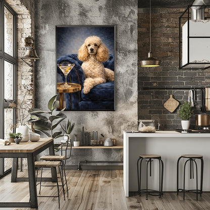 A vertical oil-style painting of a well-groomed white poodle sitting regally on a plush, dark blue velvet tufted armchair. To the left, a glass martini with two green olives on a toothpick sits on a round gold side table. The poodle has a calm, sophisticated expression. The background is a moody, dark grey-blue with visible painterly textures.