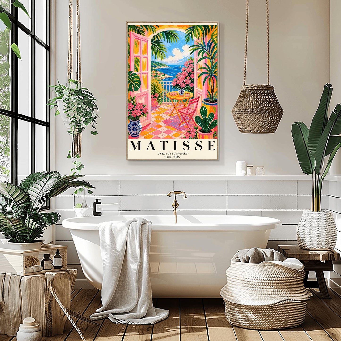 A vertical maximalist art print styled as a Henri Matisse exhibition poster. The scene features a vibrant balcony with pink-framed glass doors open to a view of the blue Mediterranean sea and a coastal town. The balcony has pink and yellow checkered tiles, a yellow round table with a pink chair, and is filled with tropical plants and pink flowers in blue and white vases. A sailboat is visible on the water under a bright blue sky with white clouds.