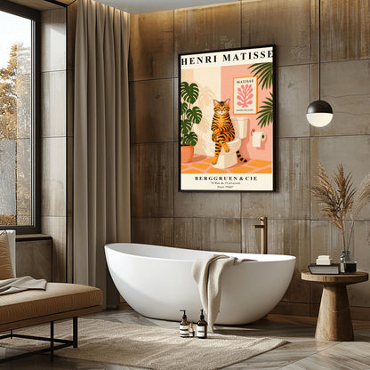 Tabby Cat on Toilet Art Print: Funny Matisse Style Bathroom Wall Art