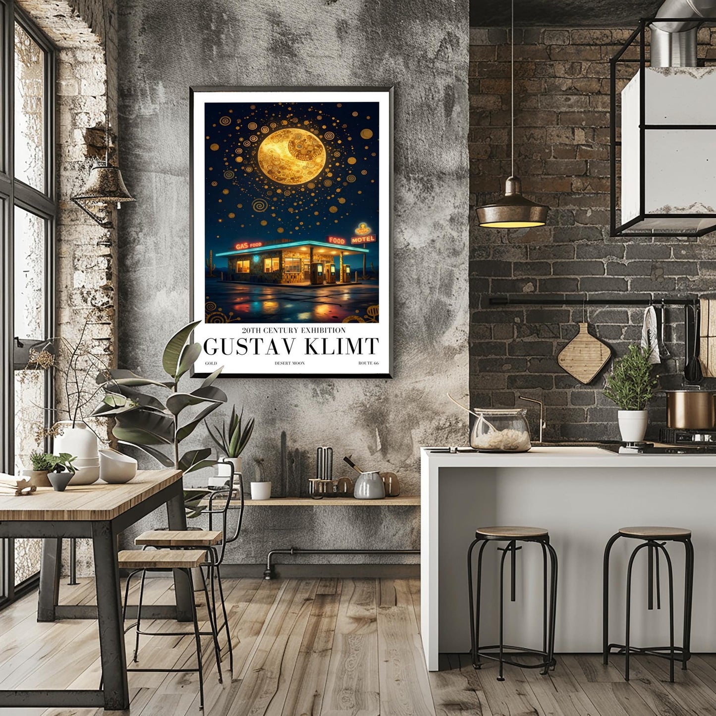 A vertical museum exhibition poster in the style of Gustav Klimt. A retro mid-century gas station and motel with neon signs stand in a desert landscape at night. A massive, ornate golden moon with mosaic patterns fills the top of a sky crowded with golden spirals and symbols. Bold black text at the bottom reads "GUSTAV KLIMT" and "DESERT MOON."