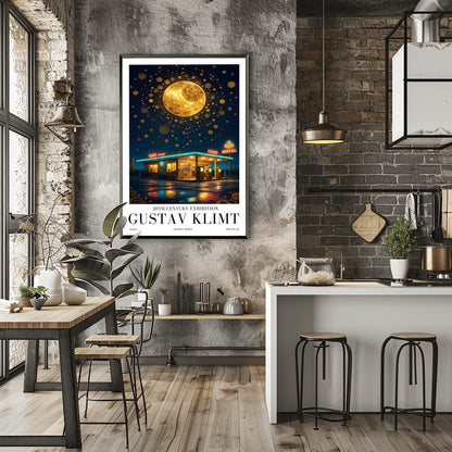A vertical museum exhibition poster in the style of Gustav Klimt. A retro mid-century gas station and motel with neon signs stand in a desert landscape at night. A massive, ornate golden moon with mosaic patterns fills the top of a sky crowded with golden spirals and symbols. Bold black text at the bottom reads "GUSTAV KLIMT" and "DESERT MOON."