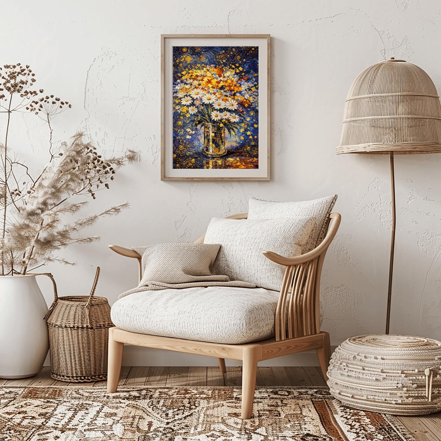 A vertical art print in the style of Gustav Klimt featuring a bouquet of white daisies with yellow centers in a tall, patterned gold vase. The vase is decorated with small black and gold circles. The background is a vibrant dark blue with swirling golden patterns and stars. The table surface below reflects the blue and gold light. The entire image is composed of intricate mosaic-like textures and shimmering metallic tones.