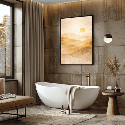 A vertical minimalist landscape in Art Nouveau style. Rolling desert dunes in shades of beige and tan are highlighted with shimmering golden dust on their ridges. A circular golden sun hangs in a hazy, textured cream sky.