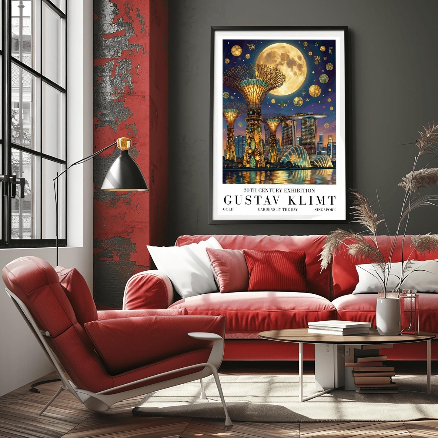 A vertical museum exhibition poster in the style of Gustav Klimt. The Supertree Grove of Singapore's Gardens by the Bay is rendered at night with intricate gold mosaic trunks. A massive moon hangs in a purple and indigo sky filled with golden symbols. Bold black text at the bottom reads "GUSTAV KLIMT" and "GARDENS BY THE BAY."