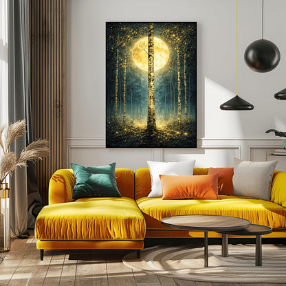 A vertical Art Nouveau-style illustration of a birch forest at night. A large golden moon hangs behind a central birch tree. The forest is filled with teal mist and shimmering golden stardust. The trees have intricate, mosaic-like textures on their bark.