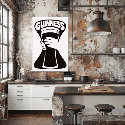 A vertical minimalist graphic in black and white. A large, black hourglass-shaped background features a white hand silhouette holding a pint glass made of negative space. The word "GUINNESS" is arched in bold white text at the top.