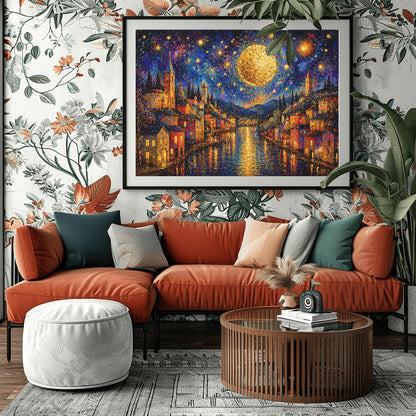 A horizontal art print in a decorative mosaic style inspired by Gustav Klimt. A coastal town with warm-lit houses and tall church towers lines both sides of a dark blue canal. A massive, glowing golden moon hangs in a deep indigo sky filled with swirling stars and shimmering golden circles. The lights of the town and the moon reflect brilliantly on the rippling water. The entire scene is composed of intricate, sparkling patterns and vibrant jewel-toned colors.