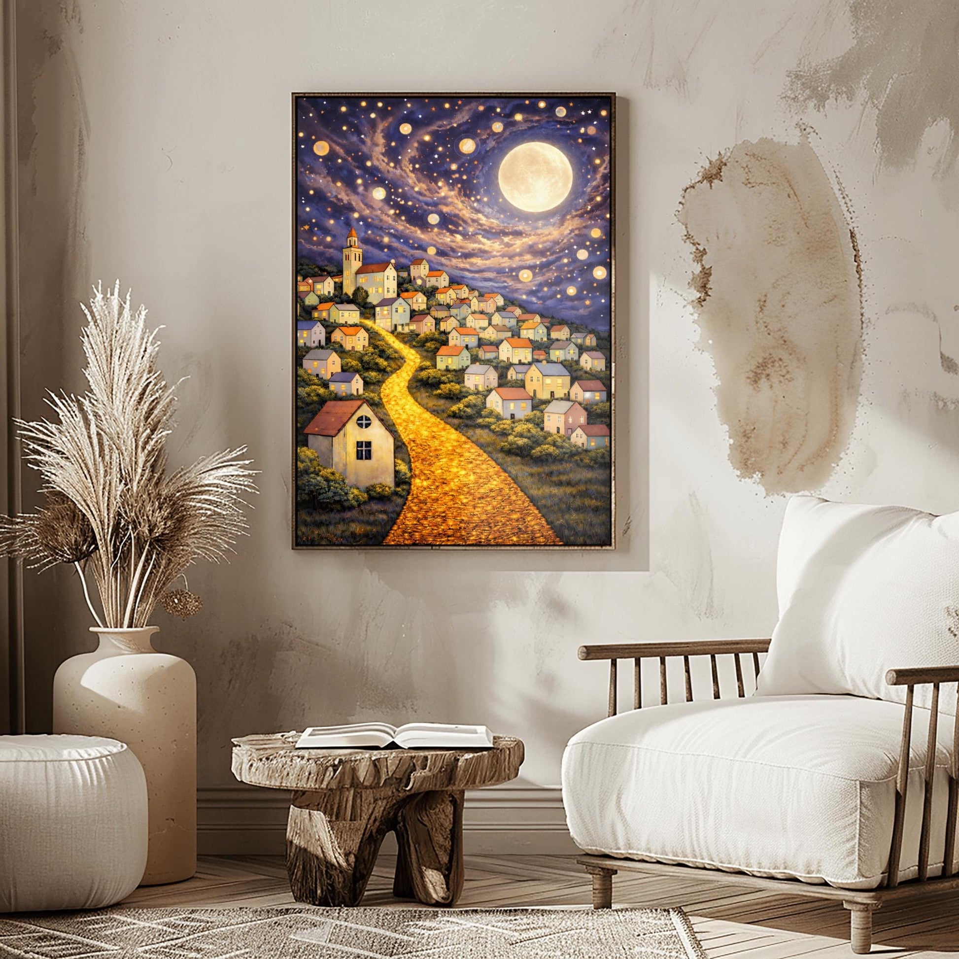 A vertical fine art print in the style of Gustav Klimt. A glowing road made of golden cobblestones winds up a steep hillside filled with small, charming houses. A massive, luminous full moon hangs in a purple and blue sky filled with stars and golden floating orbs.