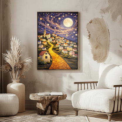 A vertical fine art print in the style of Gustav Klimt. A glowing road made of golden cobblestones winds up a steep hillside filled with small, charming houses. A massive, luminous full moon hangs in a purple and blue sky filled with stars and golden floating orbs.