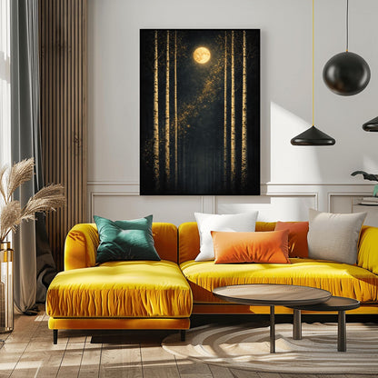 A vertical Art Nouveau-style illustration of six slender birch trees against a dark, velvety sky. A golden moon with swirling patterns sits at the top, and a diagonal trail of shimmering golden stardust flows through the center. The trees have textured, golden mosaic patterns on their bark.