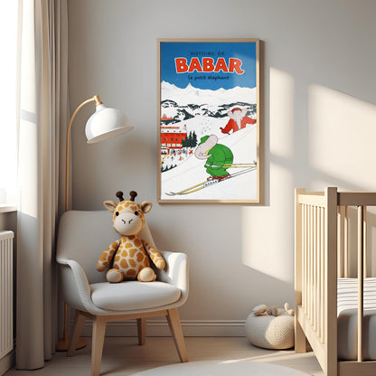 A vertical children's illustration poster titled "HISTOIRE DE BABAR le petit éléphant" in red. Two elephants are skiing down a snowy mountain slope. One is in a green suit in the foreground, and another is in a red suit behind him. In the background is a large red building labeled "GRAND HOTEL DU PAQUID" next to an outdoor ice rink with many small figures. Snow-capped mountains rise under a dark blue sky.
