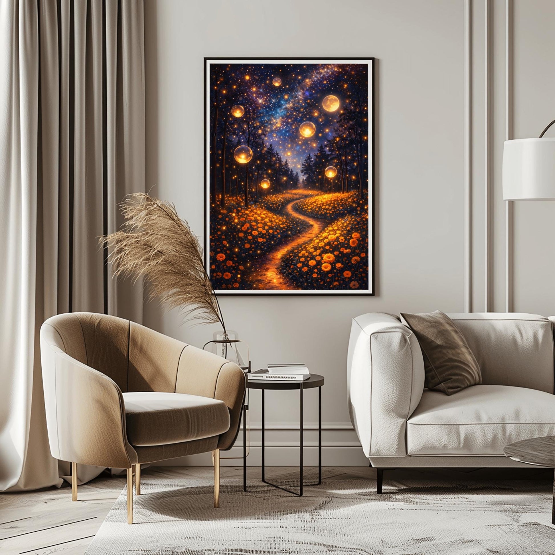 A vertical fine art print in the style of Gustav Klimt. Several large, glowing golden orbs float in a dark forest above a meadow of orange wildflowers. A winding path of golden light leads into the trees. The night sky is filled with a brilliant Milky Way and a large, glowing full moon.
