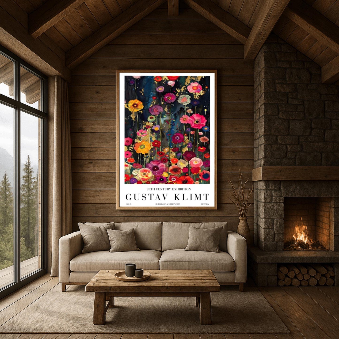 A vertical, highly detailed painting in the style of Gustav Klimt. A dense field of vibrant wildflowers in red, pink, orange, and purple grows against a dark indigo and black background. Shimmering gold-leaf patterns and "rain" effects are woven throughout the flowers. The style is rich in texture with a mosaic-like quality and heavy gold accents.