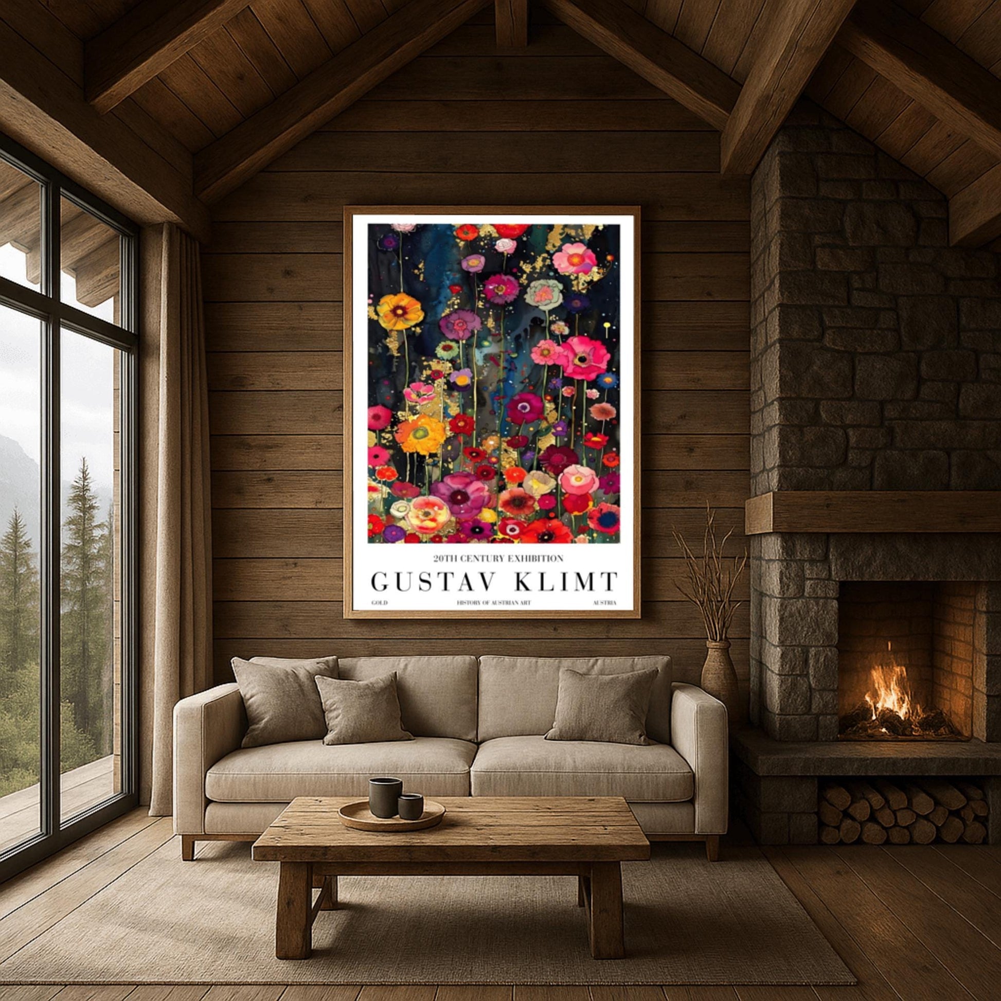 A vertical, highly detailed painting in the style of Gustav Klimt. A dense field of vibrant wildflowers in red, pink, orange, and purple grows against a dark indigo and black background. Shimmering gold-leaf patterns and "rain" effects are woven throughout the flowers. The style is rich in texture with a mosaic-like quality and heavy gold accents.