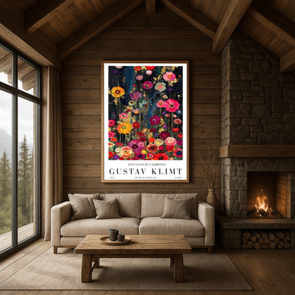 A vertical, highly detailed painting in the style of Gustav Klimt. A dense field of vibrant wildflowers in red, pink, orange, and purple grows against a dark indigo and black background. Shimmering gold-leaf patterns and "rain" effects are woven throughout the flowers. The style is rich in texture with a mosaic-like quality and heavy gold accents.