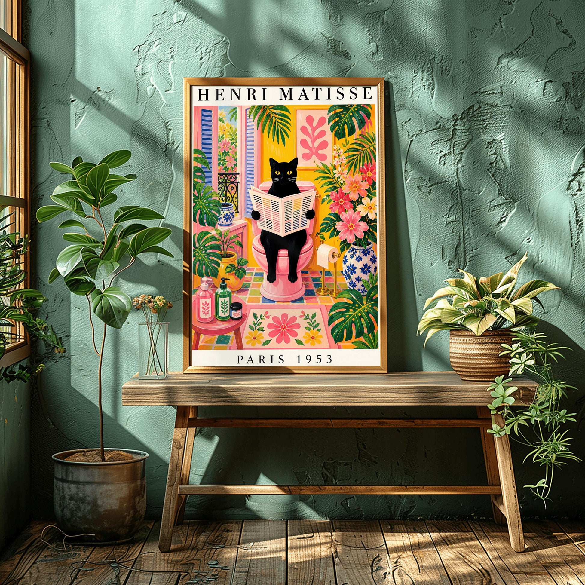 A vertical maximalist art print styled as a Henri Matisse exhibition poster. A sleek black cat with bright yellow eyes sits on a pink toilet, holding and reading a newspaper. The bathroom is filled with vibrant yellow walls, pink and yellow checkered tiles, and lush green monstera plants. A window with blue shutters looks out onto a garden. A pink bath mat and blue floral vases add more color. Bold black text at the top reads "HENRI MATISSE" and at the bottom "PARIS 1953".