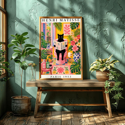 A vertical maximalist art print styled as a Henri Matisse exhibition poster. A sleek black cat with bright yellow eyes sits on a pink toilet, holding and reading a newspaper. The bathroom is filled with vibrant yellow walls, pink and yellow checkered tiles, and lush green monstera plants. A window with blue shutters looks out onto a garden. A pink bath mat and blue floral vases add more color. Bold black text at the top reads "HENRI MATISSE" and at the bottom "PARIS 1953".