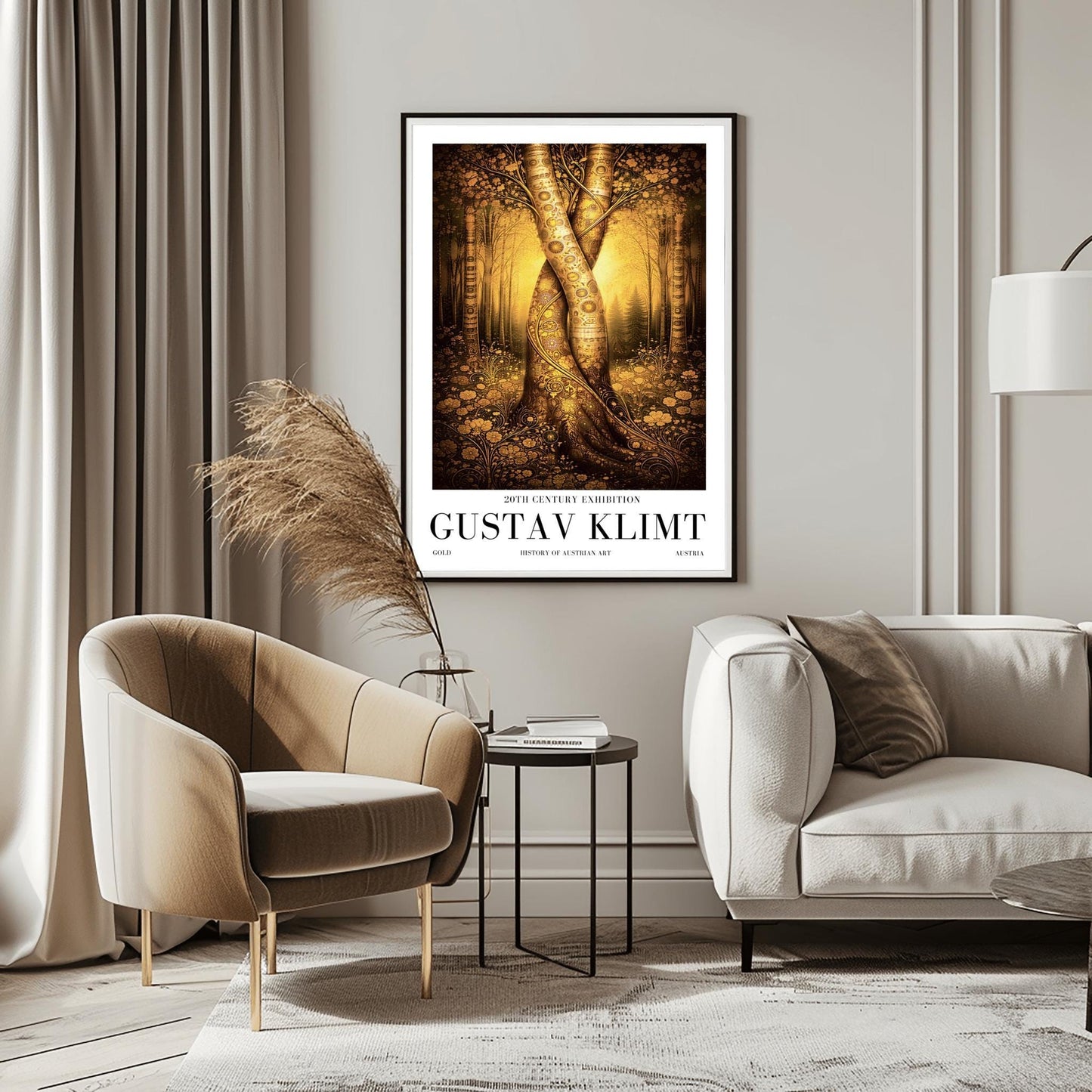 A vertical exhibition poster for Gustav Klimt. Two large tree trunks with golden mosaic patterns are entwined and twisted together in the center of a sunlit forest. The background is a soft amber glow, and the foreground features detailed golden flowers. White border with black text at the bottom.
