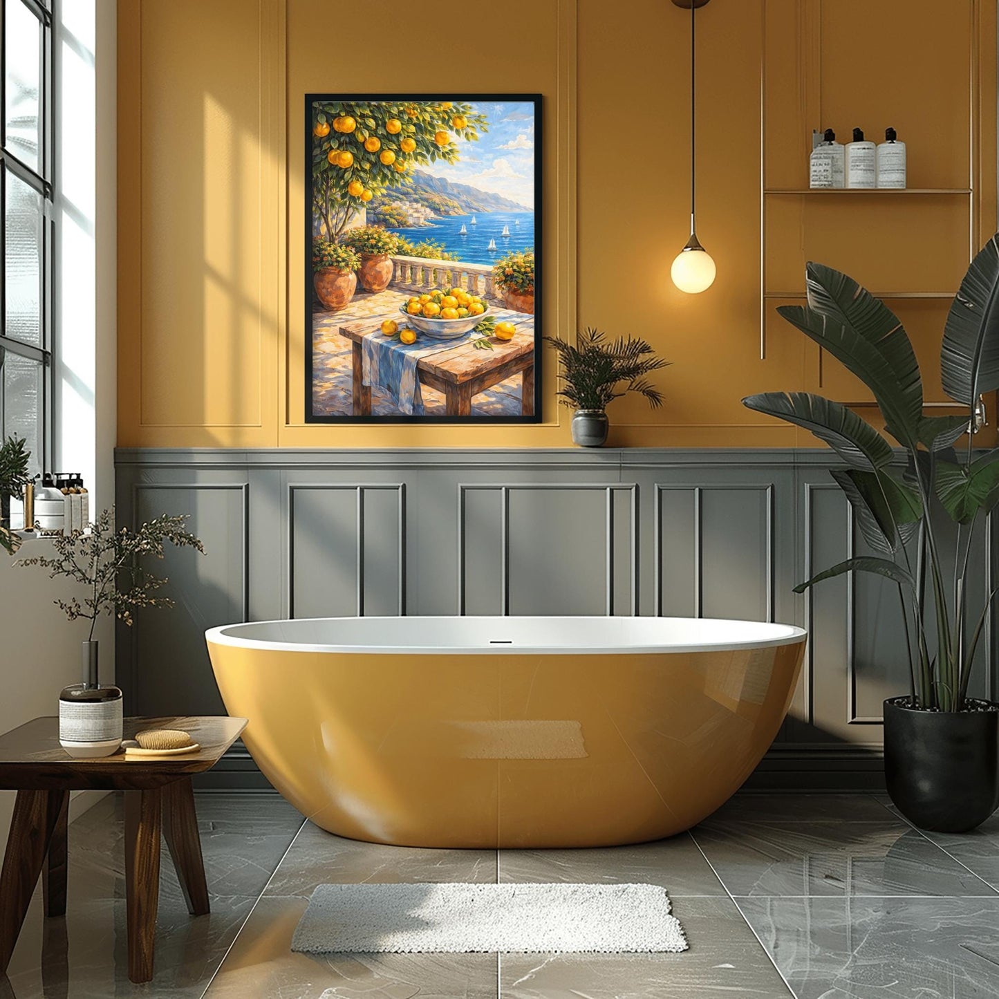 A vertical painterly illustration of a stone terrace overlooking a blue sea with sailboats. In the foreground, a wooden table holds a bowl of oranges and lemons. A citrus tree and flower-filled terracotta pots frame the view. Distant white-washed buildings sit on a coastline under a blue sky.