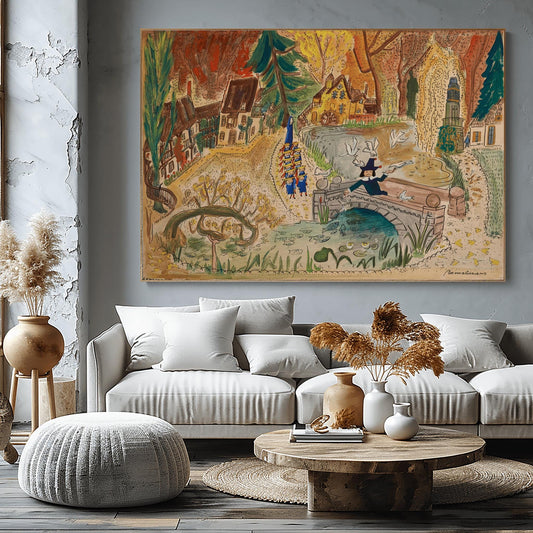 A horizontal watercolor illustration by Ludwig Bemelmans titled "The Hameau of Marie Antoinette - Versailles." In the center, a group of twelve schoolgirls in blue coats and yellow hats walk in two straight lines led by a nun. In the foreground, a man in an 18th-century blue suit stands on a stone bridge feeding white birds and fish in a pond. The background features several charming rustic cottages, a water mill, and a tall stone tower surrounded by autumnal trees.