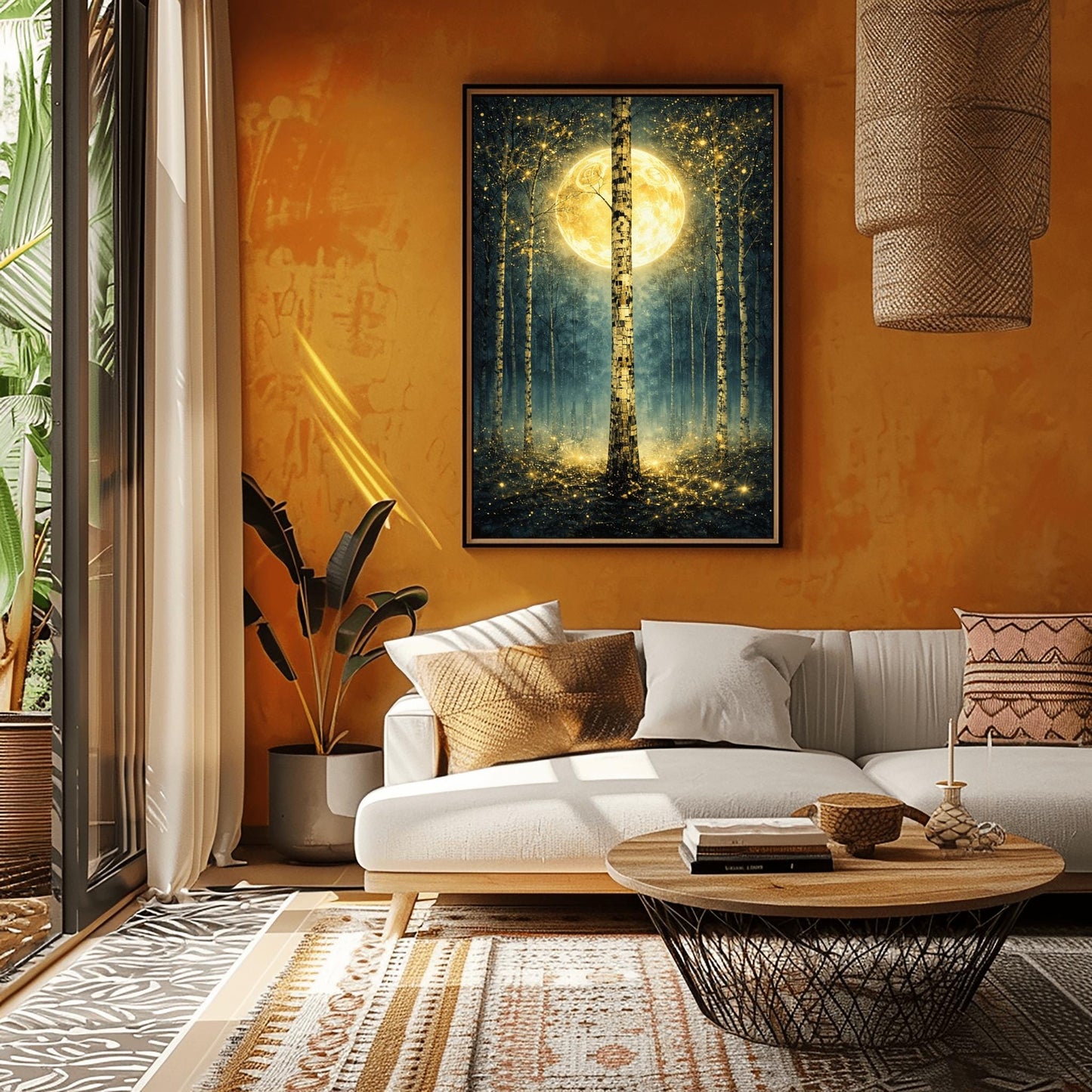 A vertical Art Nouveau-style illustration of a birch forest at night. A large golden moon hangs behind a central birch tree. The forest is filled with teal mist and shimmering golden stardust. The trees have intricate, mosaic-like textures on their bark.