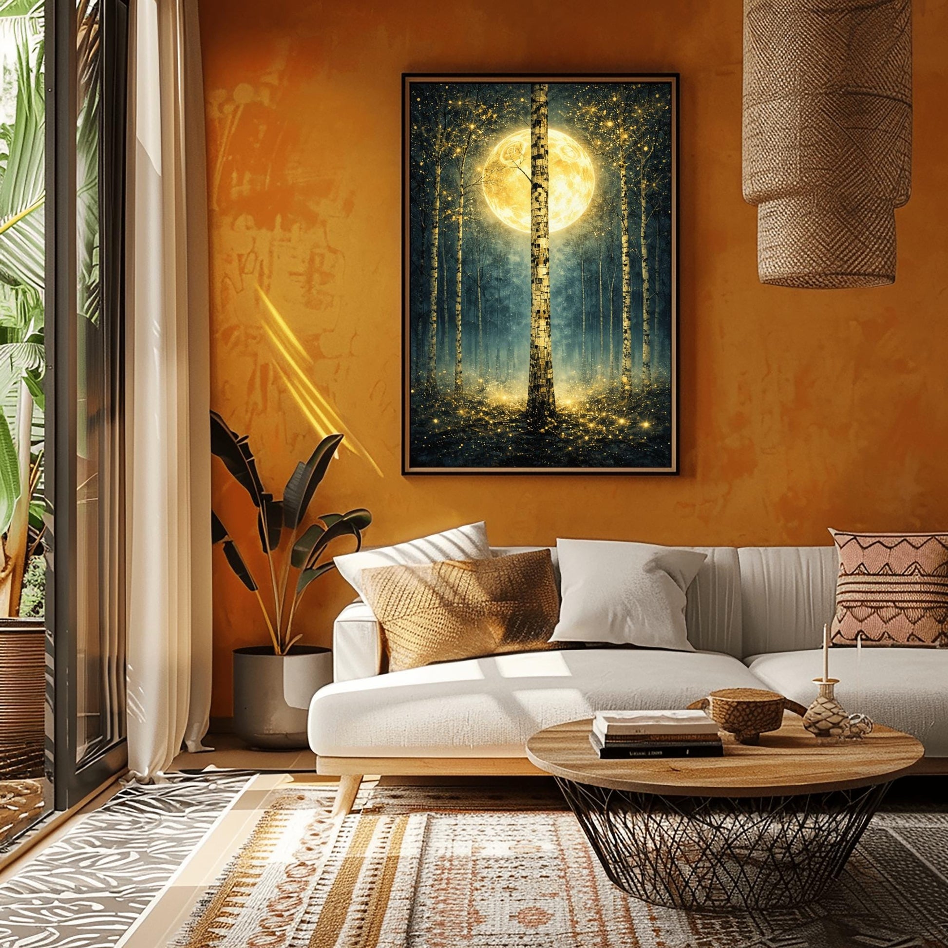 A vertical Art Nouveau-style illustration of a birch forest at night. A large golden moon hangs behind a central birch tree. The forest is filled with teal mist and shimmering golden stardust. The trees have intricate, mosaic-like textures on their bark.