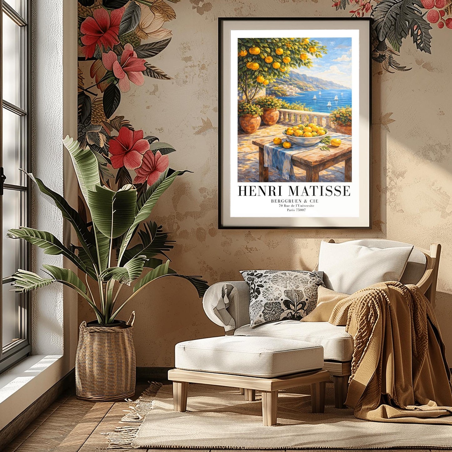 A vertical painterly illustration of a stone terrace overlooking a blue sea with sailboats. In the foreground, a wooden table holds a bowl of oranges and lemons. A citrus tree and flower-filled terracotta pots frame the view. Distant white-washed buildings sit on a coastline under a blue sky.