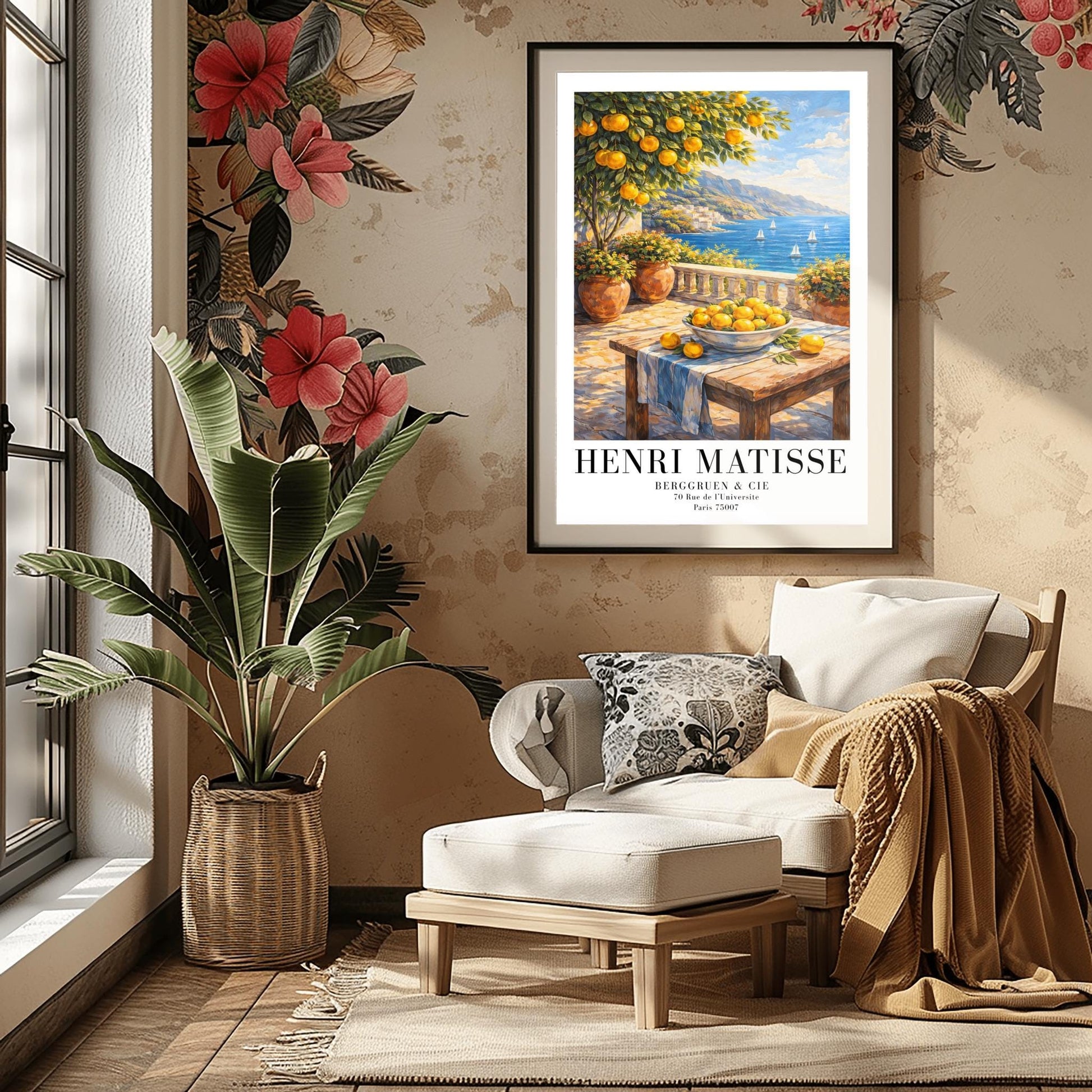 A vertical painterly illustration of a stone terrace overlooking a blue sea with sailboats. In the foreground, a wooden table holds a bowl of oranges and lemons. A citrus tree and flower-filled terracotta pots frame the view. Distant white-washed buildings sit on a coastline under a blue sky.