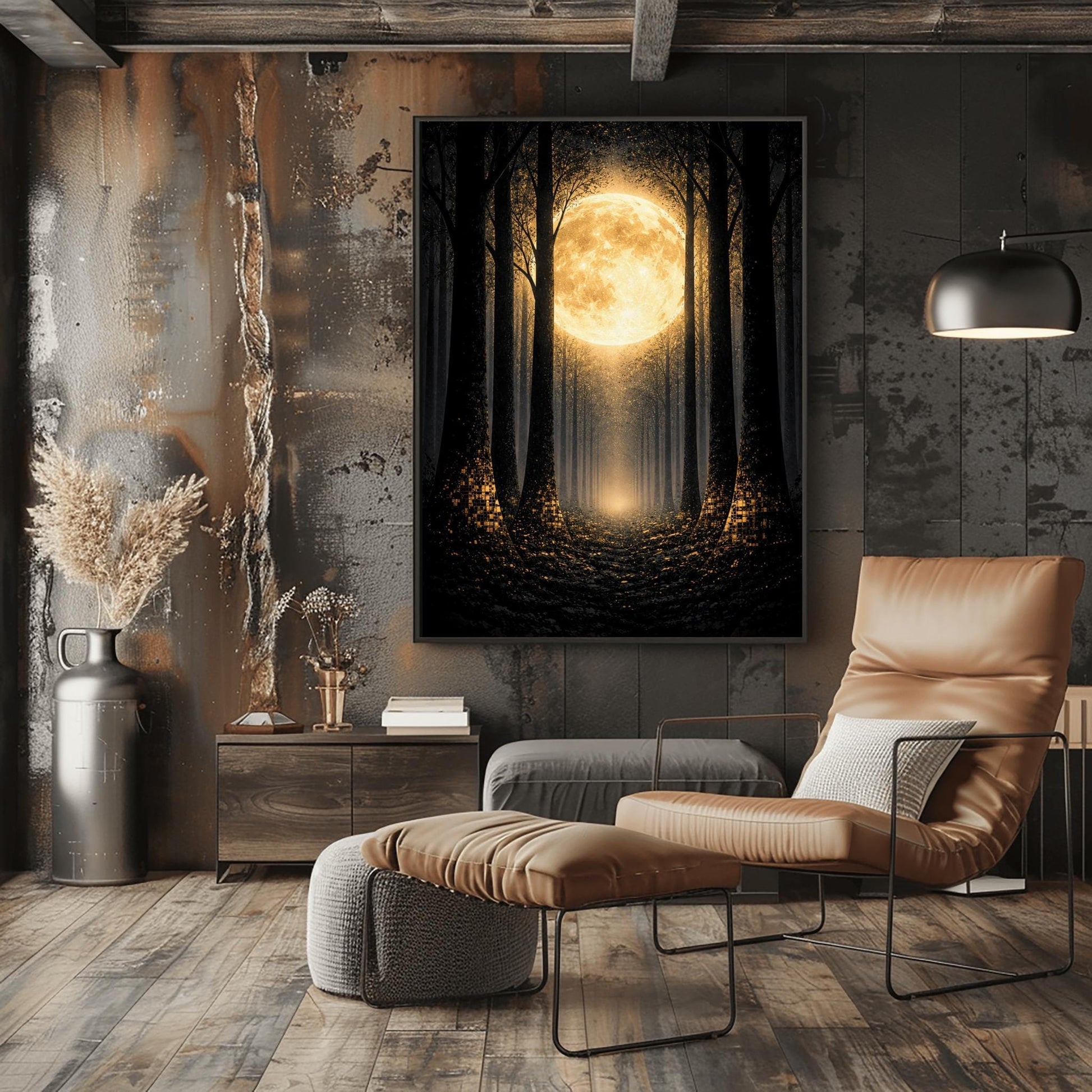 A vertical art print in the style of Gustav Klimt showing a dark forest at night. Tall, dark, silhouetted tree trunks frame a central path that leads toward a bright light in the distance. A massive, glowing golden moon with intricate textures dominates the upper center of the image. The base of the trees and the forest floor are sprinkled with shimmering gold mosaic patterns and light specks, contrasting sharply against the dark background.