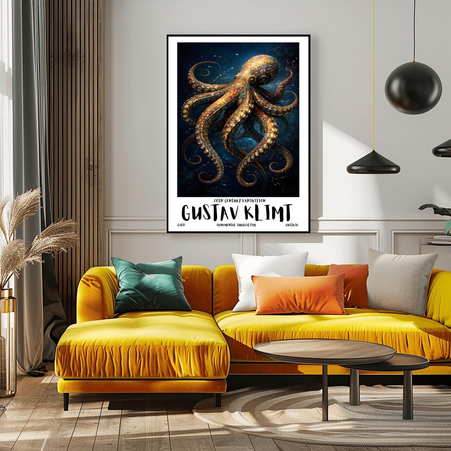 A vertical exhibition poster for Gustav Klimt featuring a highly detailed octopus against a dark navy background. The octopus is covered in golden mosaic patterns and spirals. Below the art, bold text reads "GUSTAV KLIMT" and "Ornamental Surrealism."