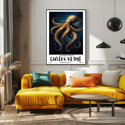 A vertical exhibition poster for Gustav Klimt featuring a highly detailed octopus against a dark navy background. The octopus is covered in golden mosaic patterns and spirals. Below the art, bold text reads "GUSTAV KLIMT" and "Ornamental Surrealism."