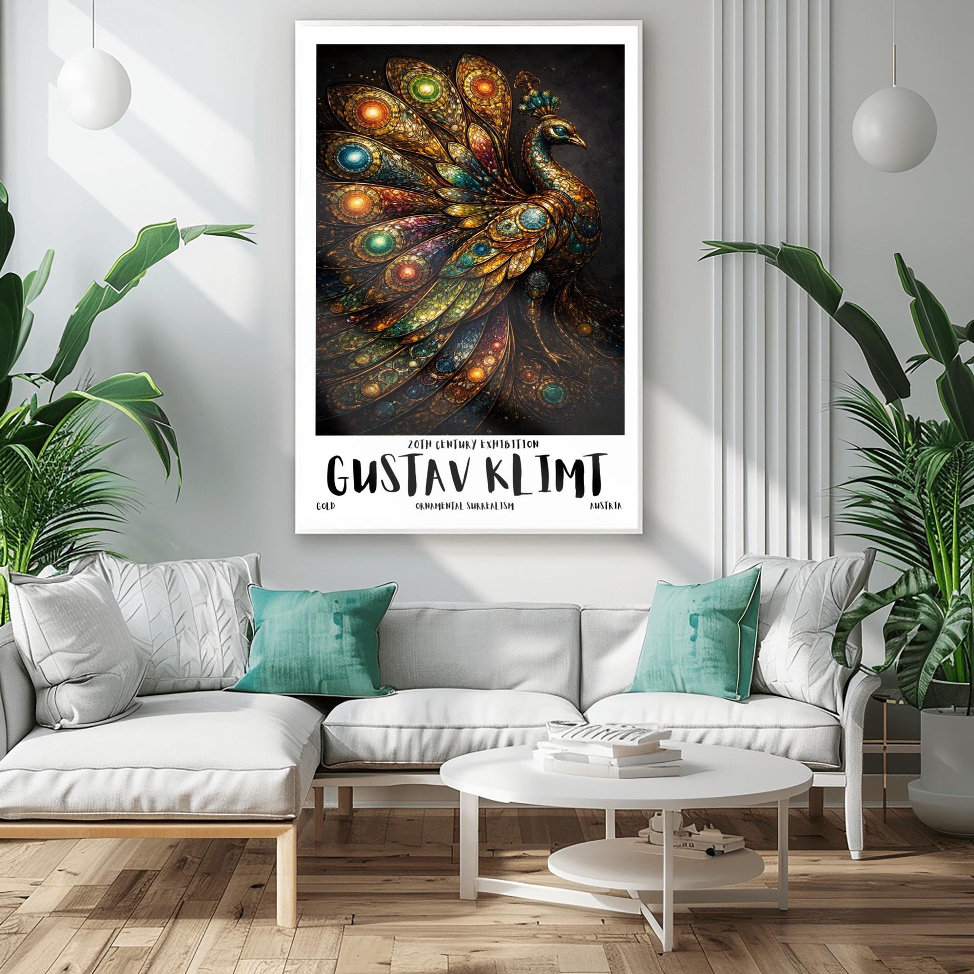 A vertical exhibition poster for Gustav Klimt. A peacock is shown in profile with a large, spread-out tail made of golden mosaic patterns and glowing jewel-toned circles in green, blue, and amber. The background is dark, and the bottom features bold text reading "GUSTAV KLIMT."
