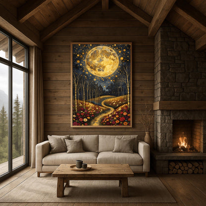 A vertical fine art painting in the style of Gustav Klimt. A massive, textured golden moon fills the upper half of a dark, starlit sky. Below, a winding golden path leads through a lush field of colorful wildflowers including pink, red, and white blooms. Slender birch trees with gold accents frame the meadow. The style is highly decorative with mosaic patterns and shimmering light effects.
