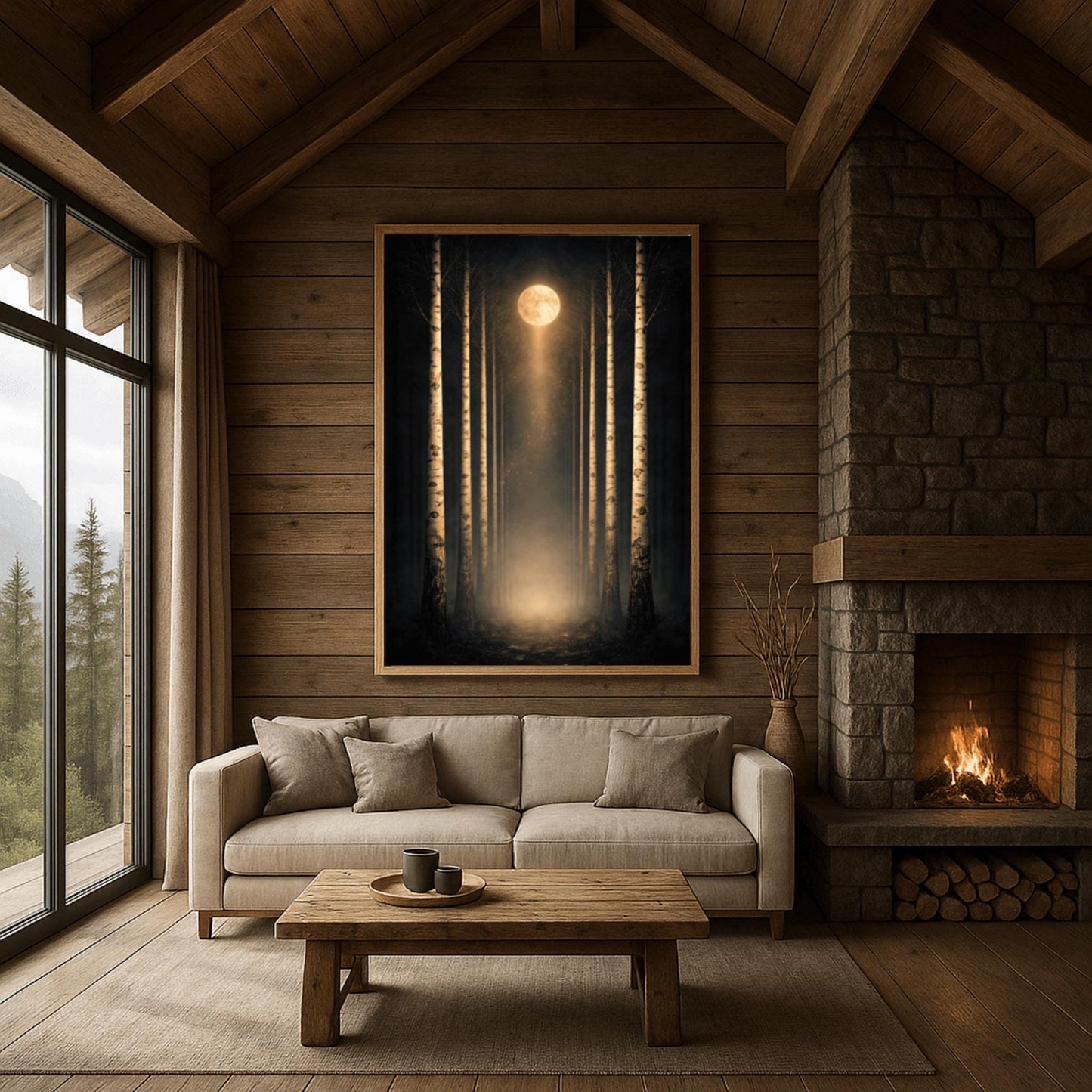 A vertical, perfectly symmetrical illustration of a birch forest at night. Three slender birch trees frame each side of a central path. A golden moon at the top center casts a beam of light downward onto a glowing forest floor. The trees feature intricate golden mosaic bark.