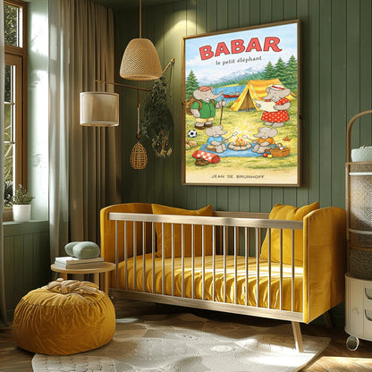 A vertical children's illustration poster titled "BABAR le petit éléphant" at the top in red. It features an elephant family camping by a lake. A large elephant (Babar) in a green shirt stands to the left with a backpack and walking stick. Another large elephant (Celeste) in a red polka-dot dress looks at a map near a yellow tent. Two small elephants sit in the foreground roasting marshmallows over a campfire. The background shows a lake with a red canoe and snow-capped mountains.